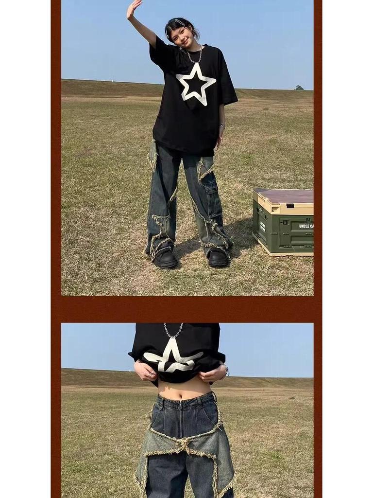 Men's Fringe Ripped Jeans & Women's Cargo Pants with Big Pocket Design - Summer Retro Style.