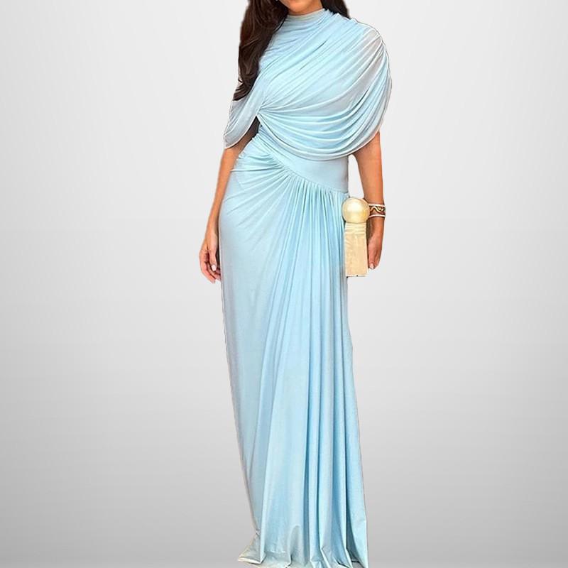 Elegant Womens Wrap Waist Pleated Maxi Dress 2026 Short Sleeve Round Neck Slim Fit Long