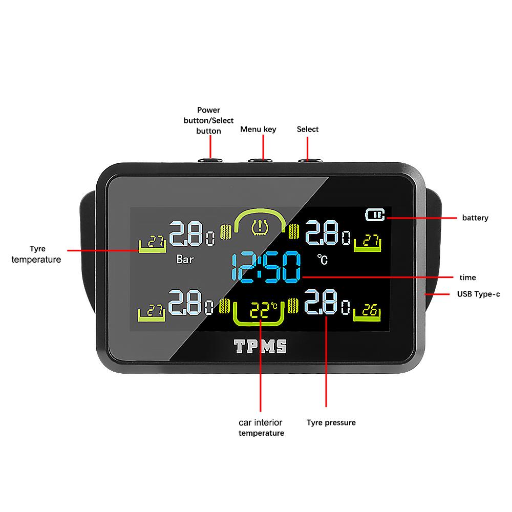 Car Tyre Pressure Monitor Intelligent Tire Pressure Monitoring System T14-1 Temperature Warning Fuel Save With 4 External Sensors Solar TPMS