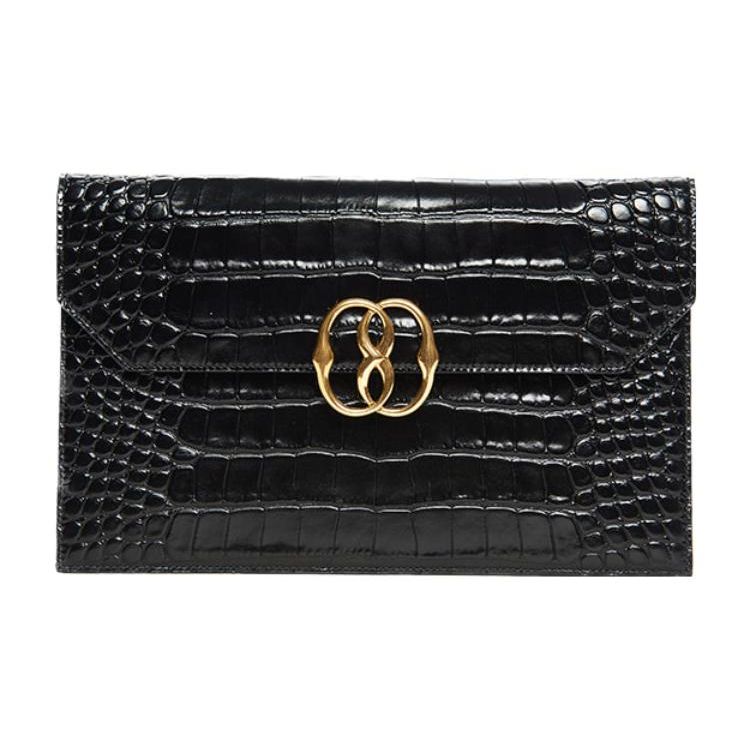 Bally Logo Crocodile Pattern Calfskin Wallet Clutch Regular Women Wallets Black 6304267