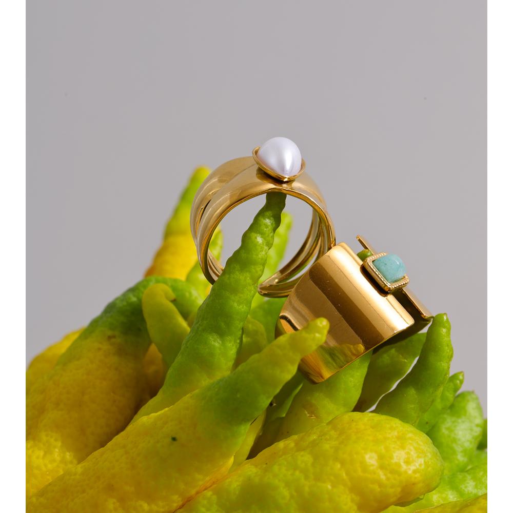 Eetit Natural Amazon Stone Pearl Open Golden Cast Ring for Women Glossy Stainless Steel Charm Jewelry Tarnish Resistant