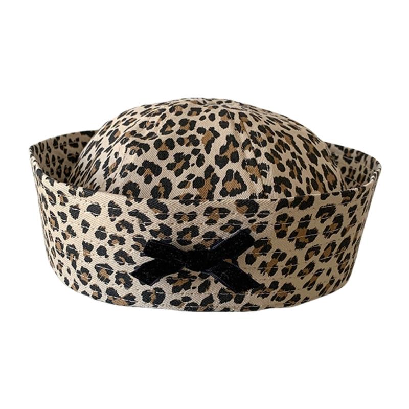 

Матросская шляпа 2000-х для девочек-подростков, униформа, кепки с леопардовым принтом и бантом, женская фотография, панама, весенне-осенняя солнцезащитная шляпа светло-коричневого