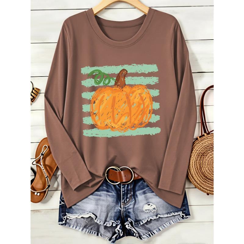 Women's hand-painted printed simple and fashionable round neck long-sleeved T-shirt