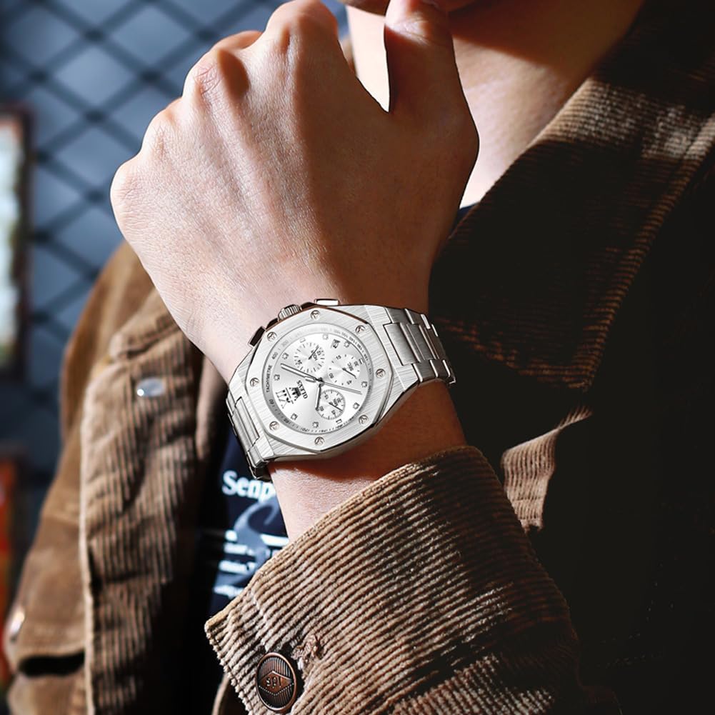 Olevs Octagonal Analog Stainless Date Large Luxury Watch for Gift Men's Watch, Silver, Popular, Waterproof, Quartz, Dress, Business, Stylish, Steel,