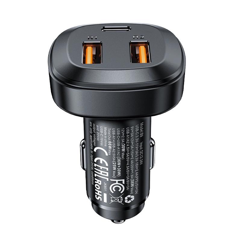 Acefast Car Charger 66W 2X Usb / Usb Type C, Pps, Power Delivery, Quick Charge 4.0, Afc, Fcp, Scp Black (B9)