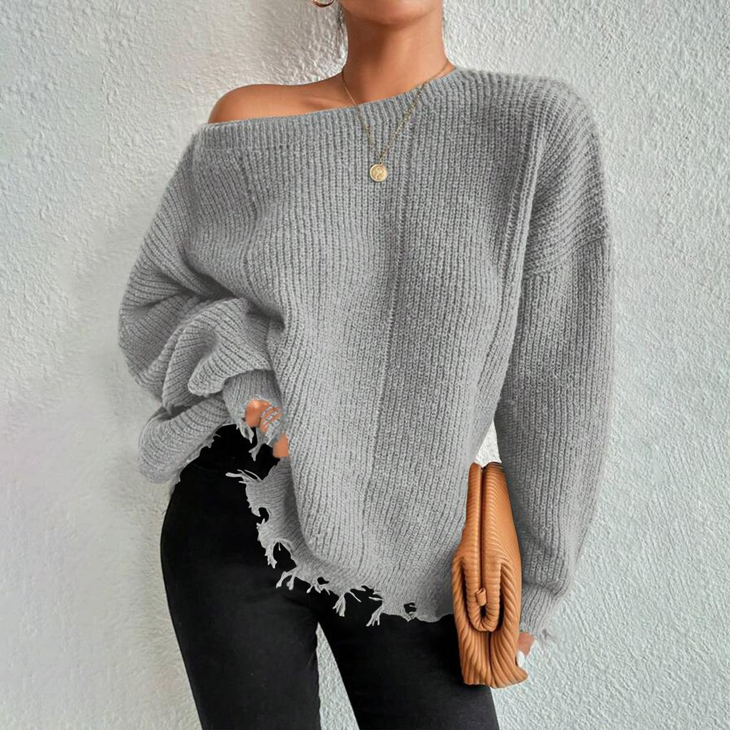 Women's Fashionable Round Neck Casual Solid Color Long-sleeved Off-shoulder Sweater