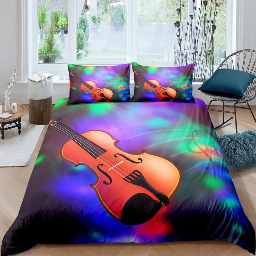 Violin King Queen Duvet Cover Flowers Roses Bedding Set Stringed Instruments Comforter Cover Fashion Music Polyester Quilt Cover