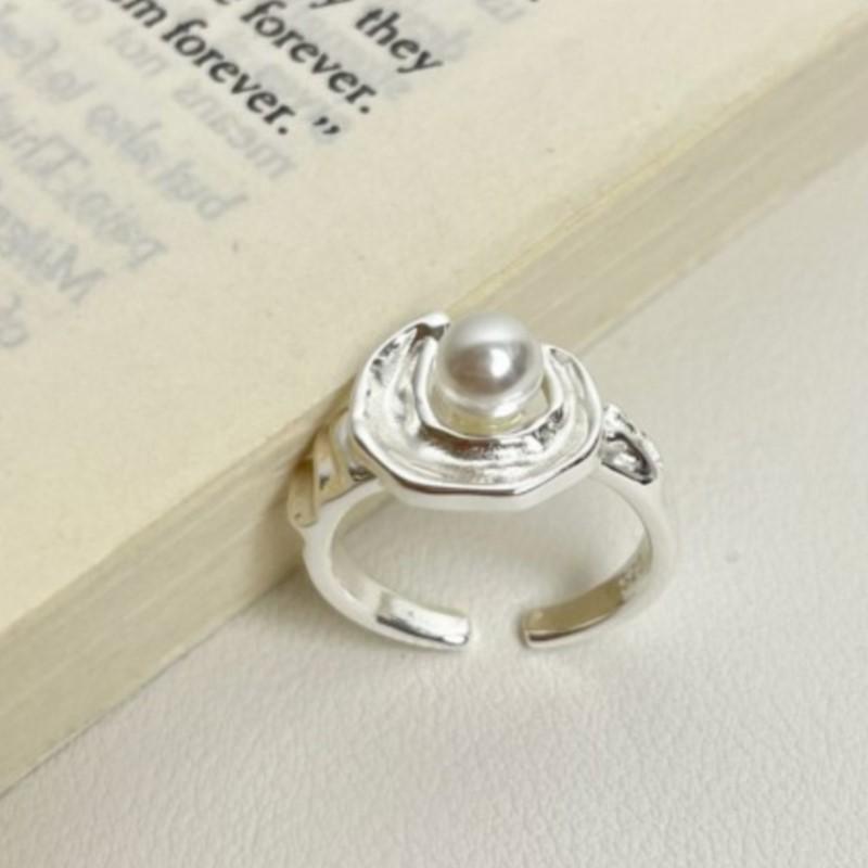 PANJBJ 925 Sterling Silver Pearl Moon Ring for Women Frosting Texture Irregular Trend Adjustable Jewelry Party Gift Dropshipping