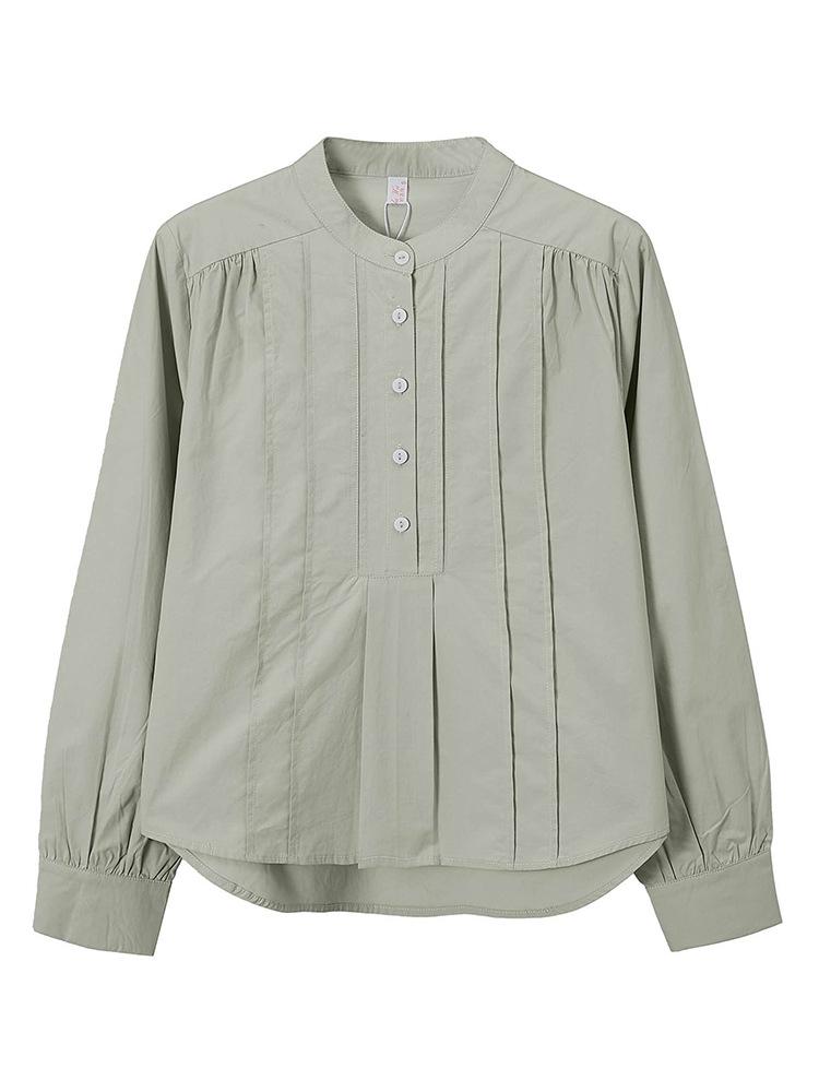 Women's Pleated Stand Collar Long Sleeve Shirt - Loose, Versatile, Elegant Design for Daily Wear