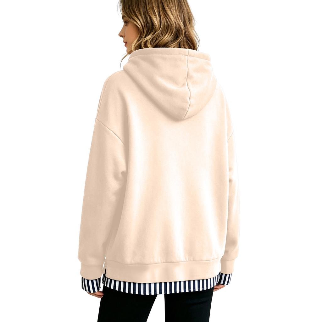 Women's Casual Long Sleeve Sweatshirt with Striped and Plaid Patchwork, Loose Fit, Two-Piece Look