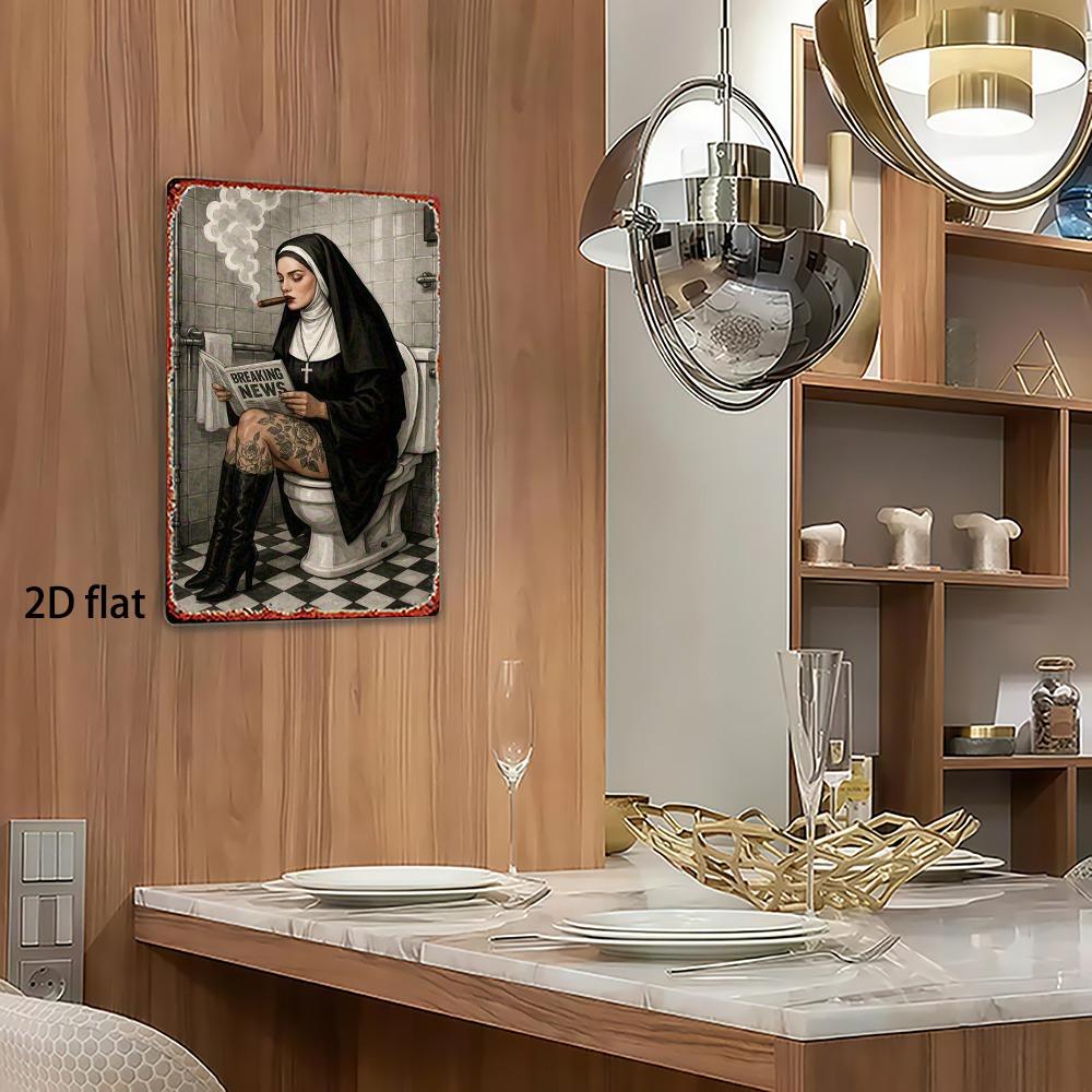 Retro Metal Poster: Funny Smoking Nun Bathroom Decor | 8x12in Easy Install Catholic Gift