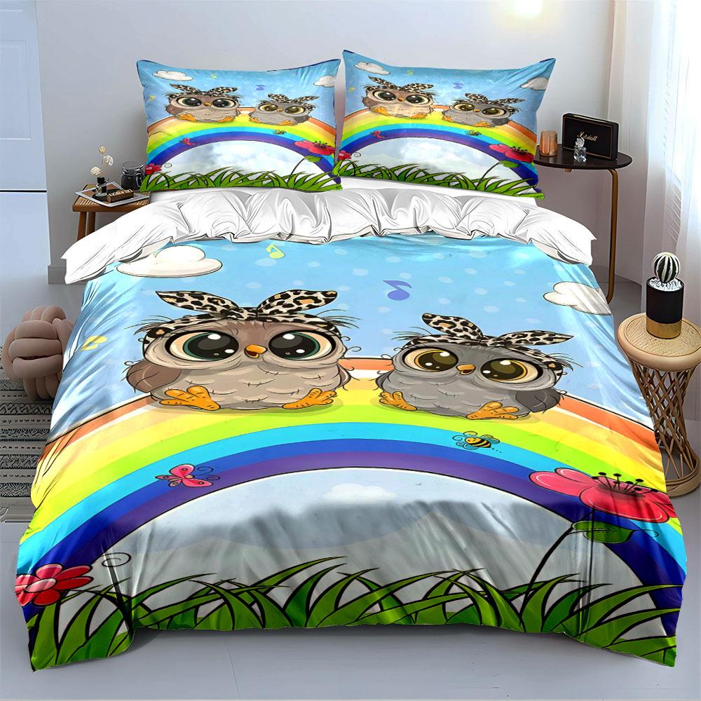 Cute Owls On Rainbow Print Bedding Duvet Cover Set (1*Duvet Cover 2*Pillowcases, Without Duvet Insert)
