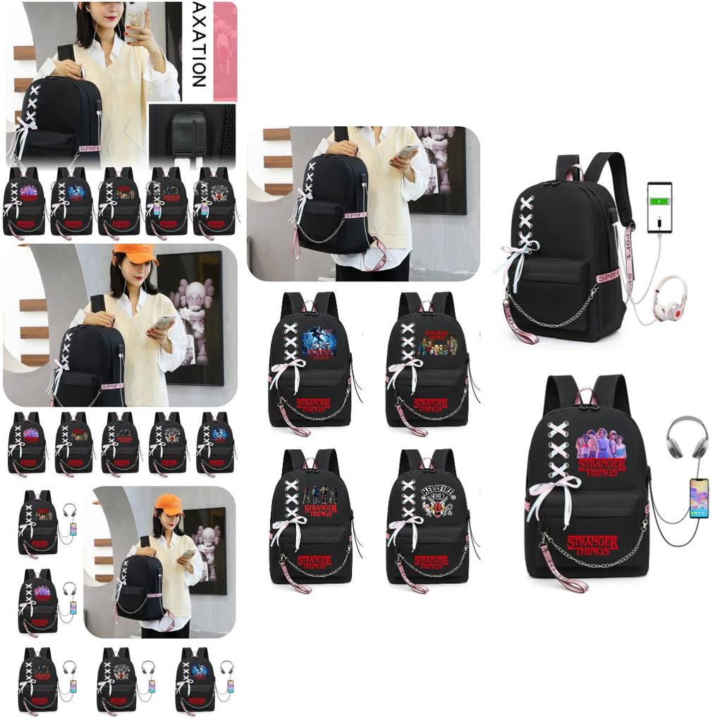Stilvoller Stranger Things Rucksack mit USB-Ladeanschluss 20-35l Fassungsvermögen Oxford-Stoffmaterial