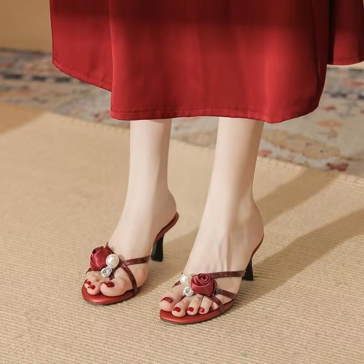 Outer Sandals Women's Summer New with Skirt Red Thin Ribbon Flower High-heeled Slippers