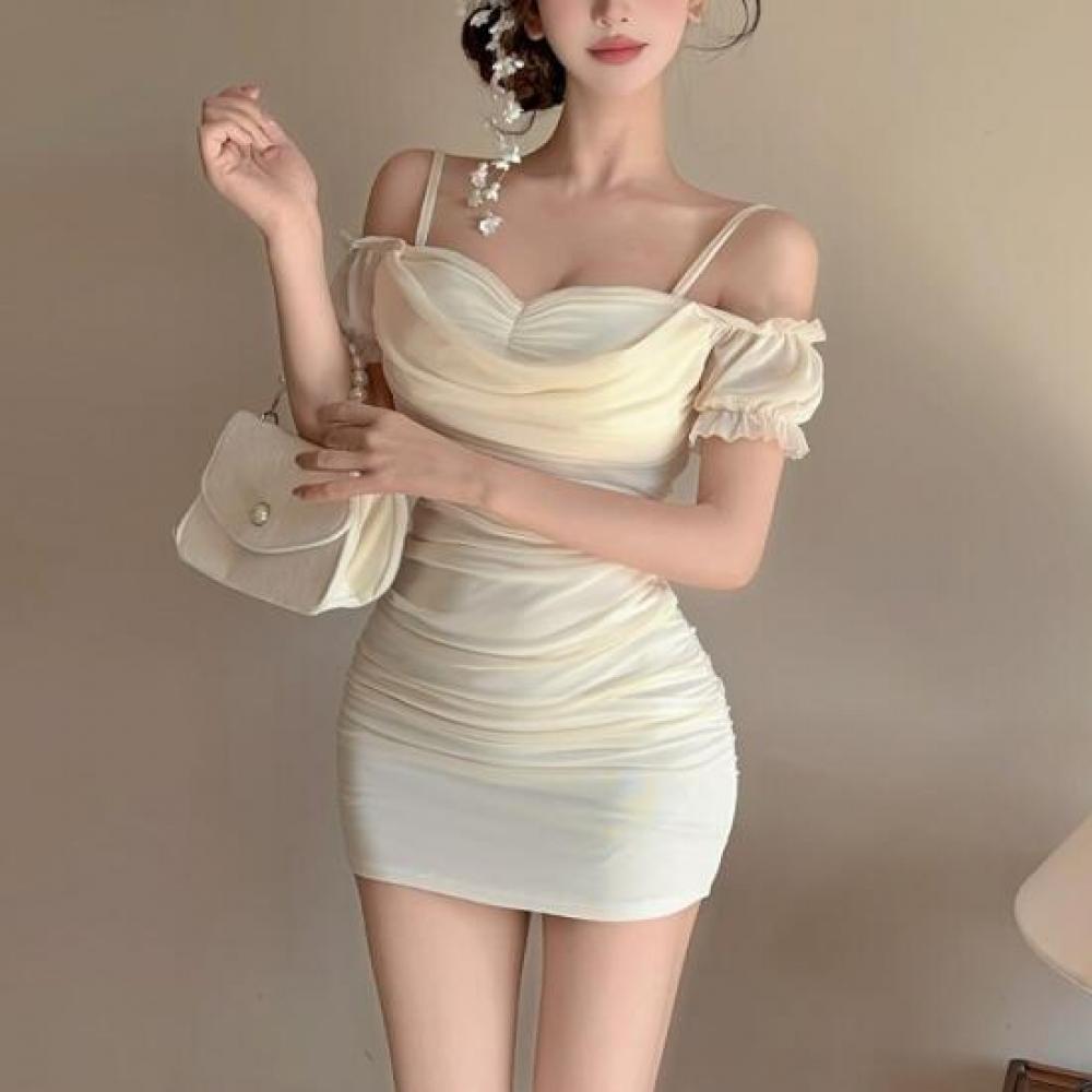New Arrivals Open Run Princess Style Off Shoulder Chiffon Dress Slender Look