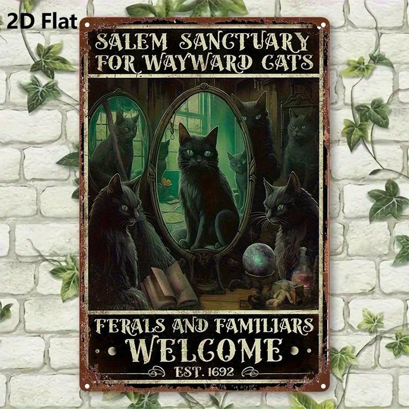 1pc Gothic Black Cat & Magic Mirror Metal Wall Art Rustic Iron Decorative Plaque with "Salem Sanctuary for Wayward Cats" Text