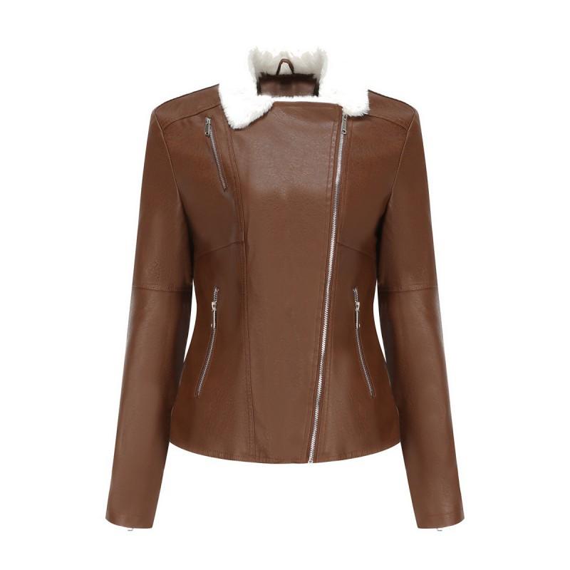 Womens Faux Leather Jacket With Fleece Lining Long Sleeve Warm Outerwear Casual Urban Style