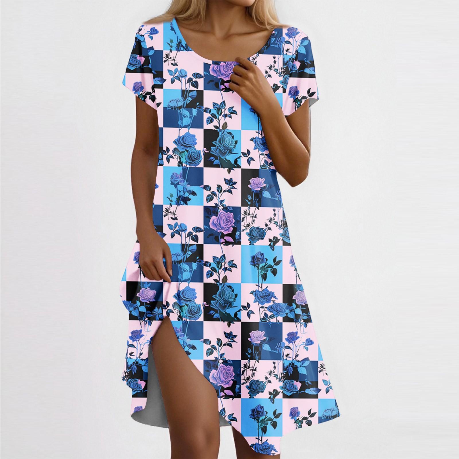 

Женское повседневное платье с короткими рукавами, цветочным принтом и карманным дизайном L синий