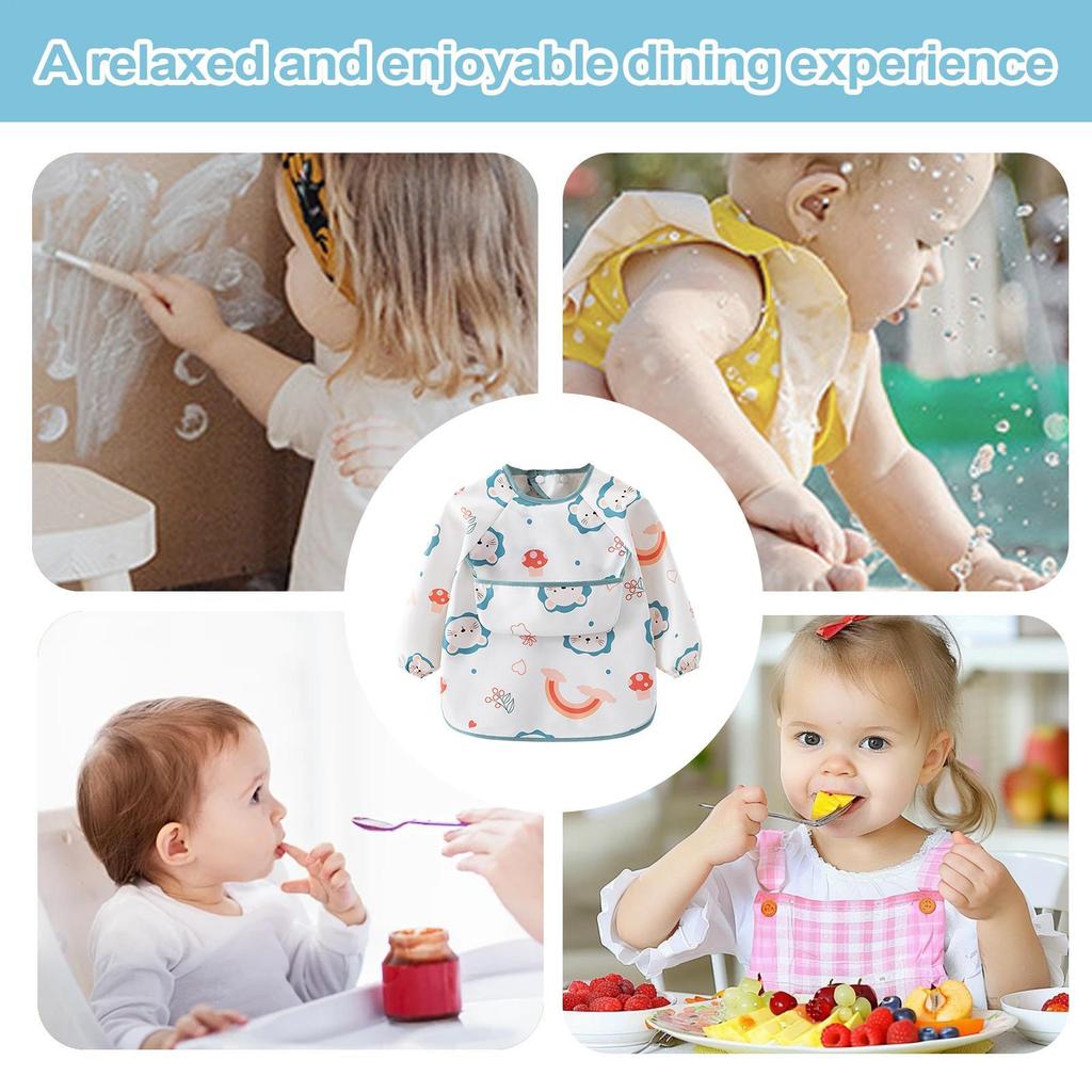 Baby Smock Bib Soft Full Sleeve Adjustable Weaning Smock Full Sleeve Toddler Eating Shirt Bibs for 6-36 Months Kids Girls Boys
