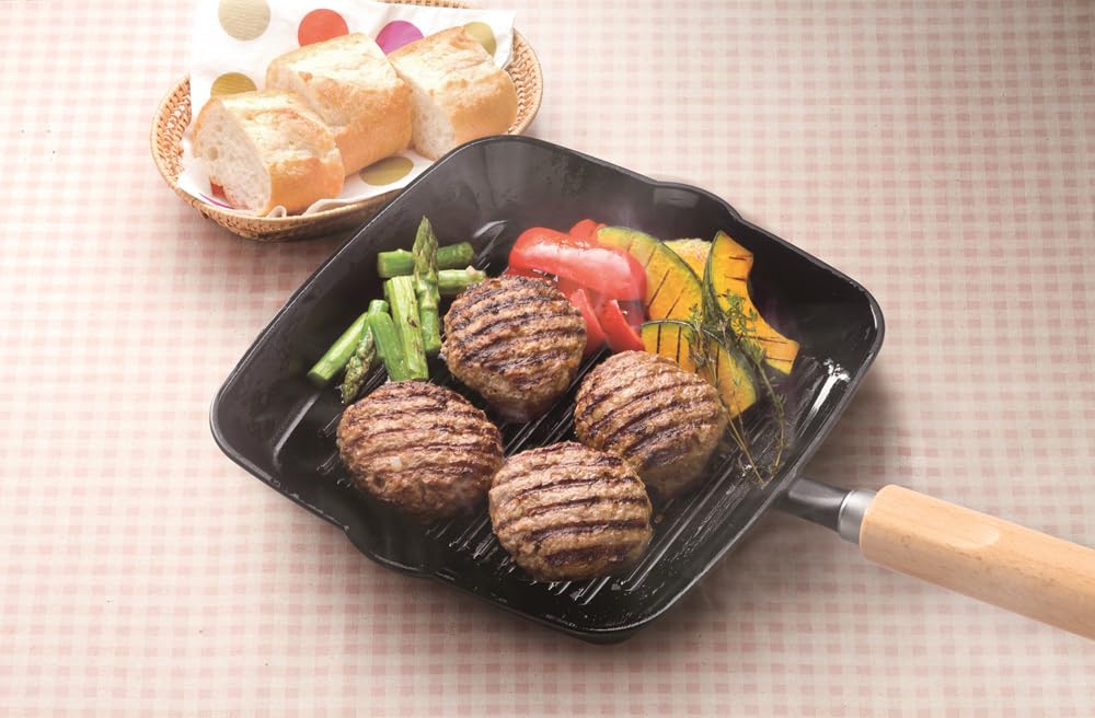 Ishigaki Cast Iron Grill Pan, Outdoor, Wave and Square, Wooden Handle, Induction Compatible, 4564