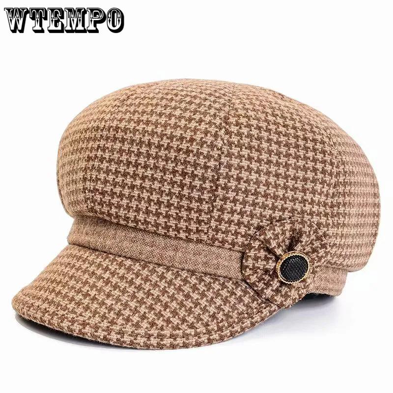 WTEMPO Wide-brimmed Solid Color Plaid Printed Hats Women Autumn Winter Bowknot Retro Vintage Cold-proof Windproof Hats