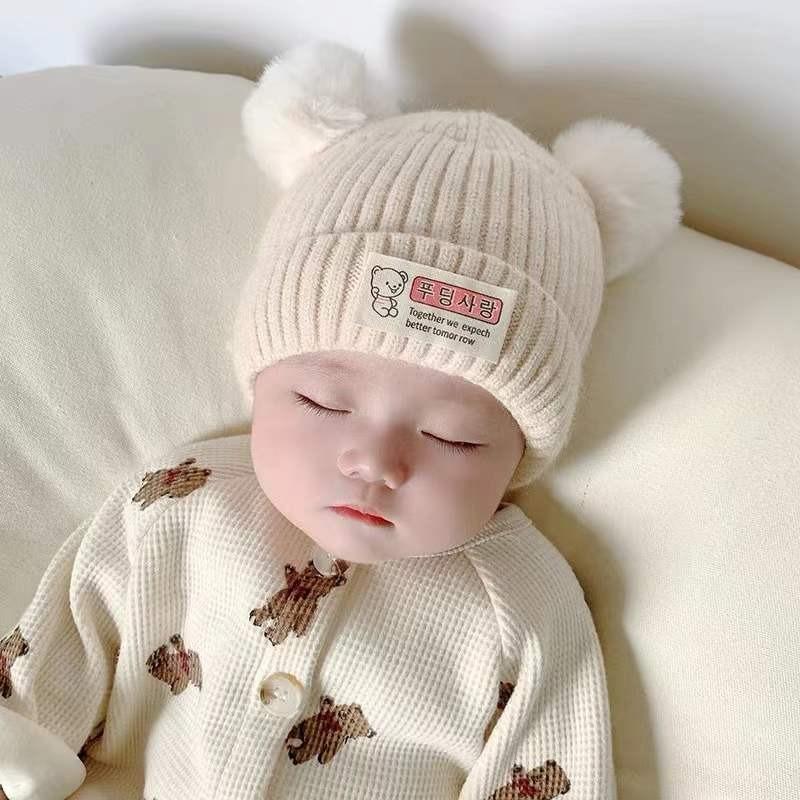Cappellino invernale per neonato berretto a forma di orso coreano cappello invernale in lana a maglia per bambini berretto tinta unita cappello invernale per neonato con paraorecchie