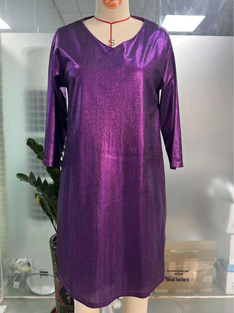 Vestido de Manga Nueve Puntos con Escote en V Holgado Estampado en Caliente con Dobladillo Dividido Transfronterizo 2025