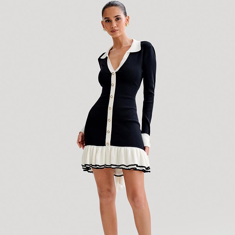 Ruffle Splice Knitwear Dress Women Elegant Bandage Bow Backless Mini Dresses Femme Holiday Long Sleeve Contrast Cardigan Lace Up Vacation Knit Dress