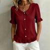 Women Casual Short Sleeve Button Front Shirt Linen Cotton Blend Top with Ruffle Hem and Collar Relaxed Fit Blouse for Daily Wear