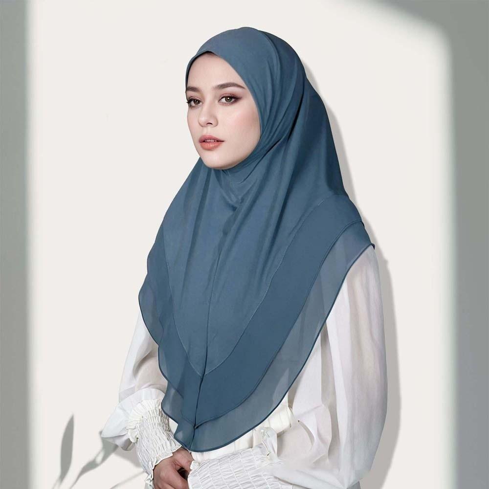 

Solid Color Instant Chin Cover Scarf Elegant Drape Pull-On Headwrap Hajj and Umrah Travel синий