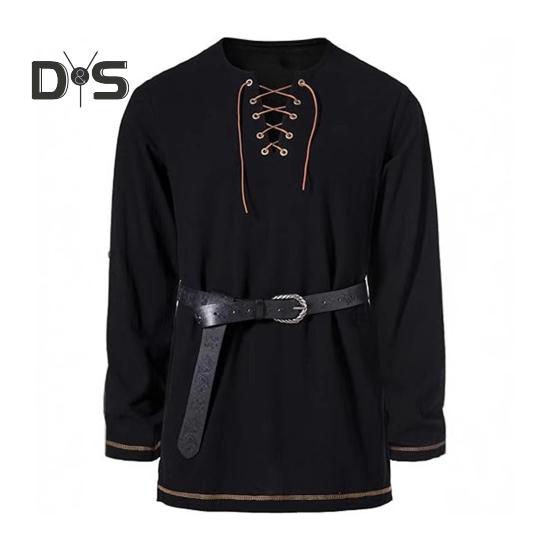 Pánské vintage šněrovací tričko s dlouhým rukávem a límečkem Henry, jarní podzimní jednobarevné tričko pro každodenní nošení, vystoupení, cosplay