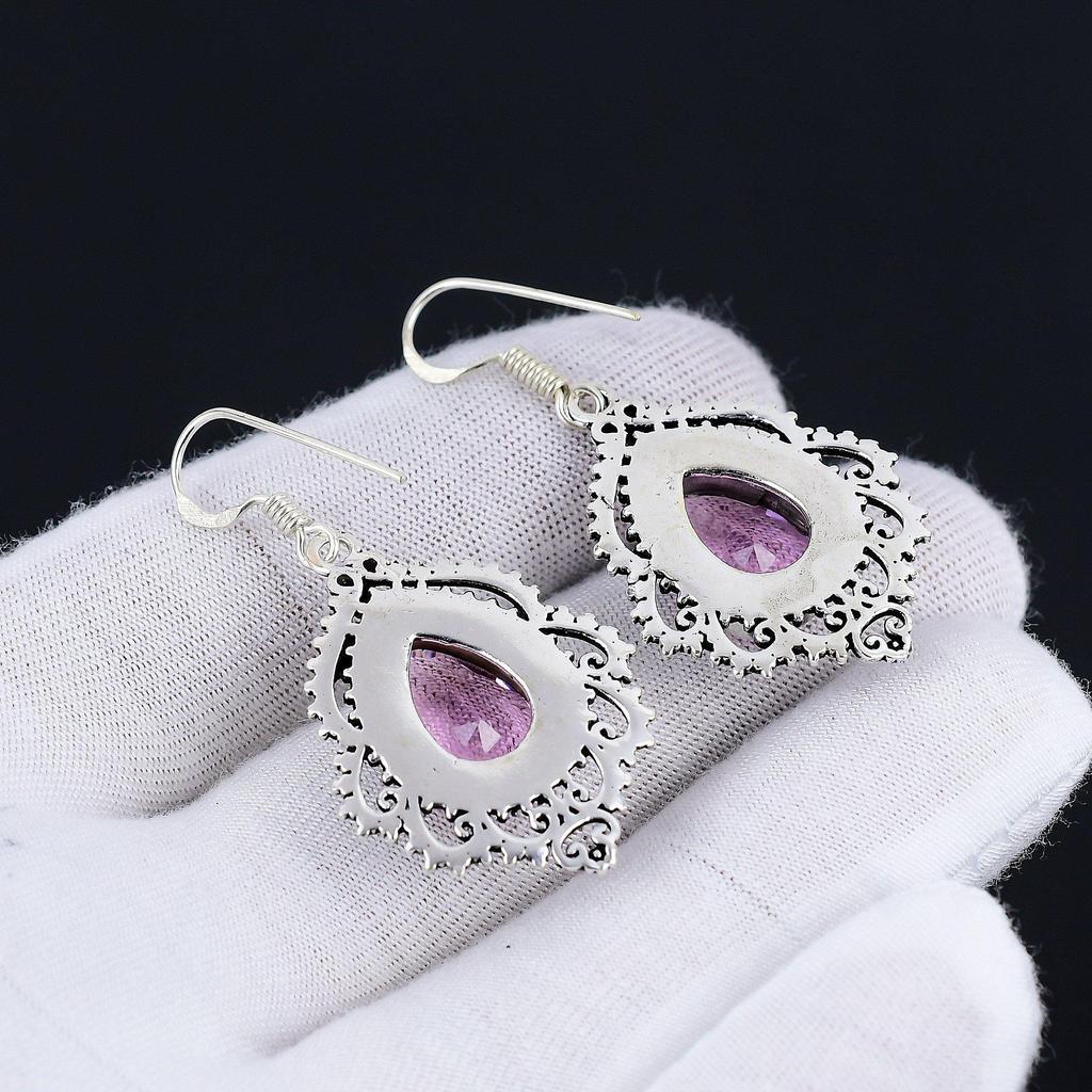 Rosa Kunzit Ohrringe, Edelstein Ohrring, Antik Rosa Kunzit Edelstein Silber Ohrring, 925 Massiv Silber Edelstein Schmuck, Edelstein Ohrring für Sie