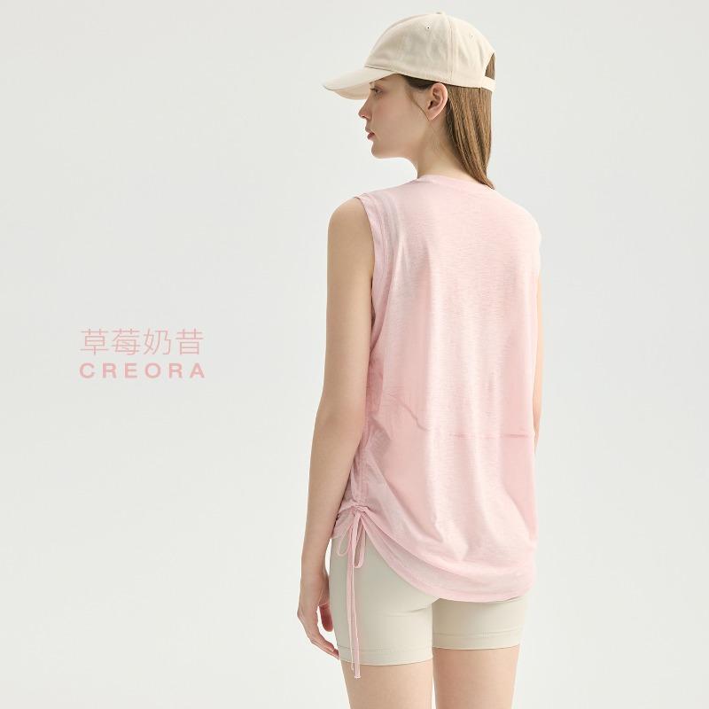 Slub yarn breathable yoga vest women's loose round neck sleeveless sports top hem drawstring yoga blouse