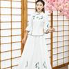 Women's Ethnic Zen Tea Art Embroidered Dress - Vintage Pan Buckle Top with Midi Skirt and Seven-Sleeve Design for Spring/Summer