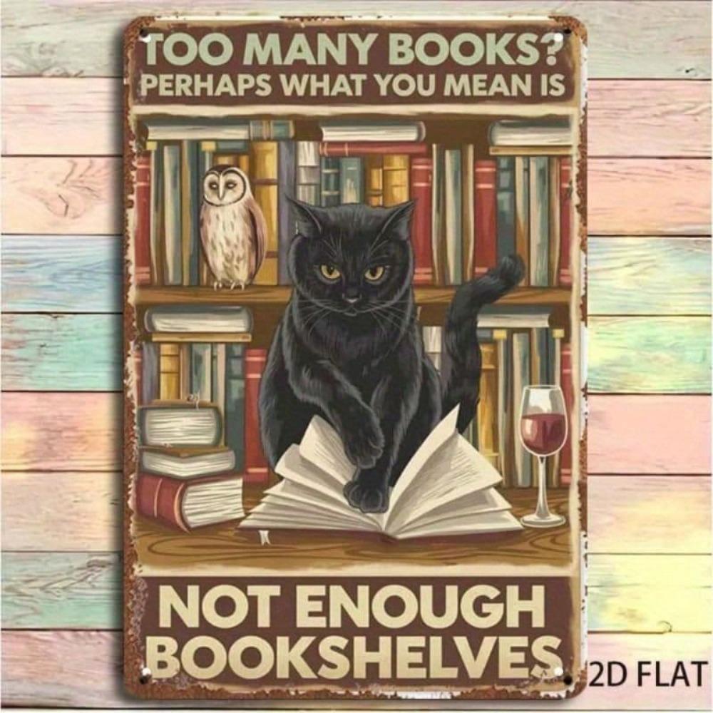 Vintage Metal Sign Black Cat Book Wall Decor Bar Home Office