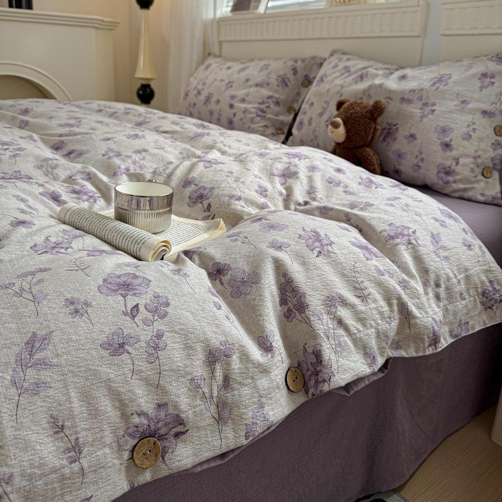 Washed Cotton Linen Floral Button Style Bedding Set (3-Piece)