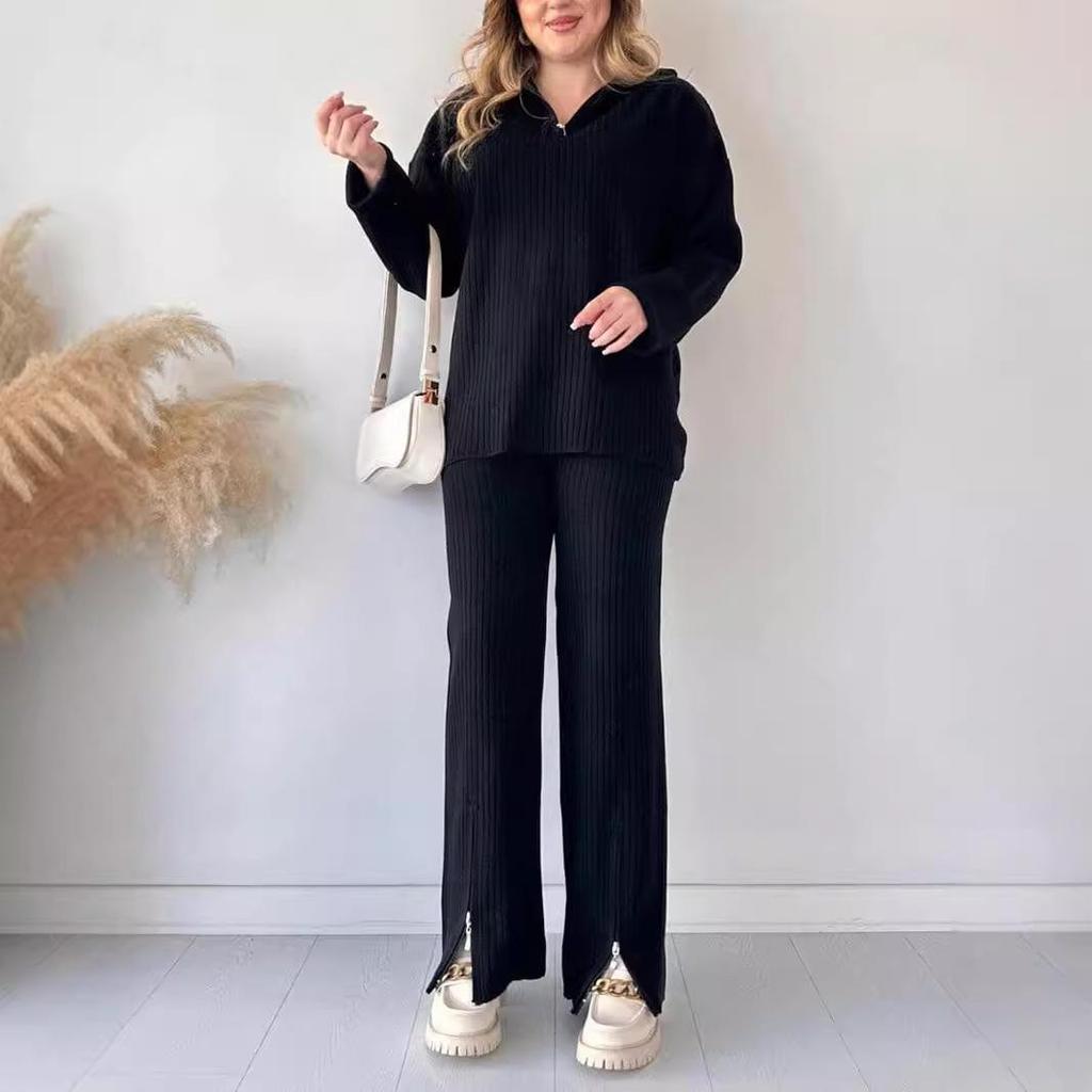 Spring 2025 Women's Solid Color Zippered Knit Set: High Neck Ribbed Loungewear Two-Piece