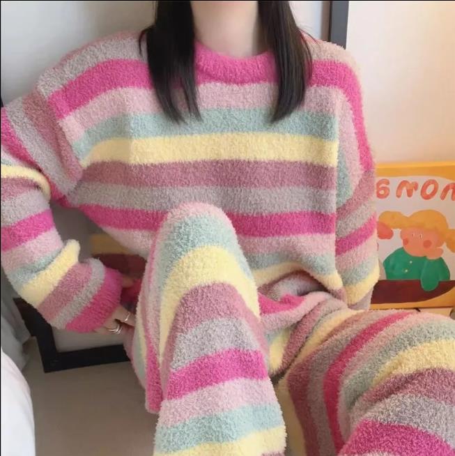 Winter Suit for Women Cute Rainbow Pattern Korean Style Simple Half-Fleece Warm Homewear Women's Winter Set