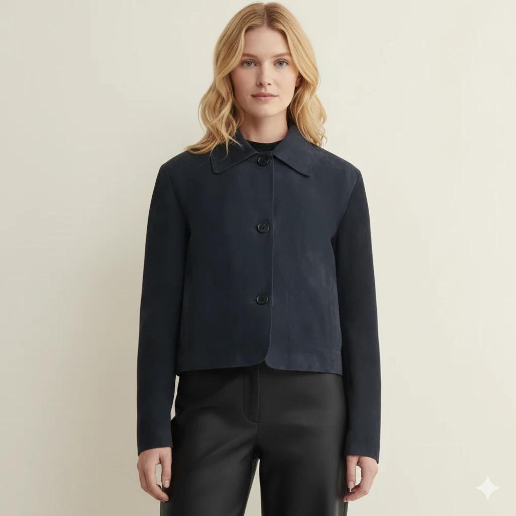 

Женская мягкая кожаная куртка-косуха из замши темно-синего цвета, ручная работа, повседневная, настоящая, для мотоцикла S темно-синий