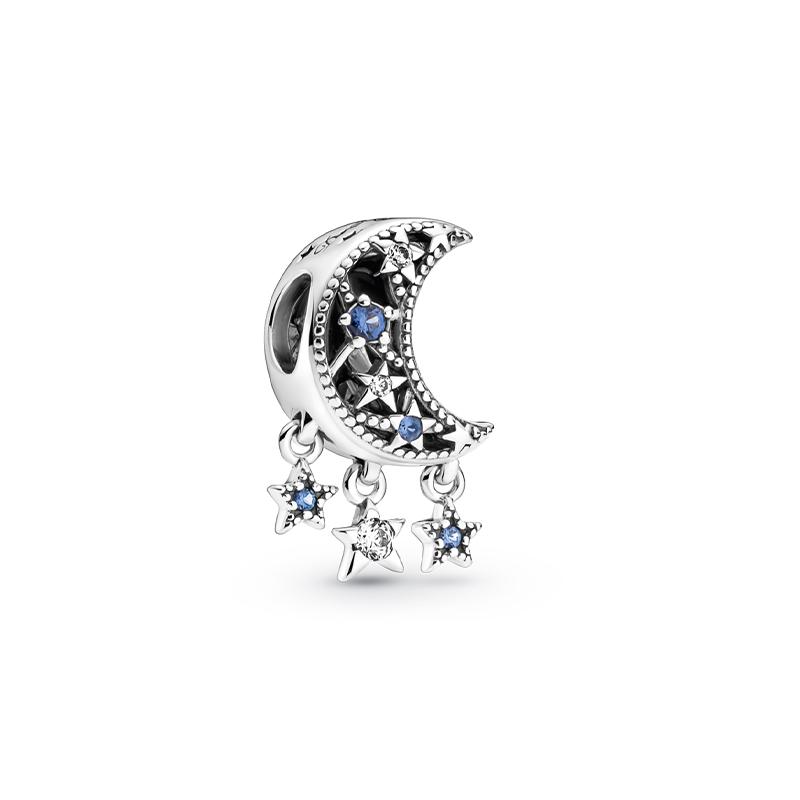 Pandora Hollow Sun Star and Crescent Moon Charm 925 Silver Pendant Women's Style Silver Star and Crescent Moon Charm