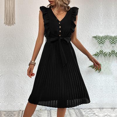 Women's Fashion Summer Spring Solid Color Print Sleeveless V-Neck Middle Waistline Casual Dresses
