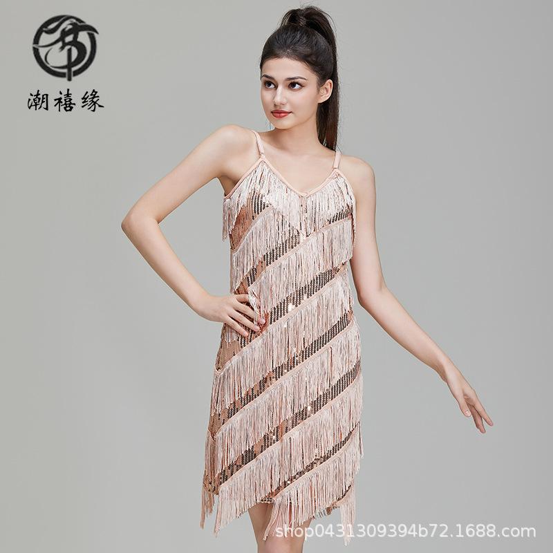 Prom sequins fringed Latin dress V-neck party dress performance dress stage performance competition dress