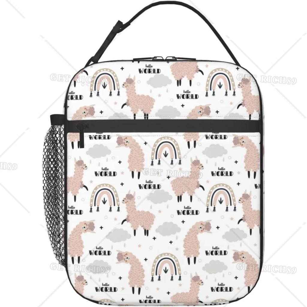 Cute Alpaca Llama Rainbow Cloud Hello World Lunch Bag Insulated Lunch Box for Women Men Reusable Lunch Cooler Bag for Office