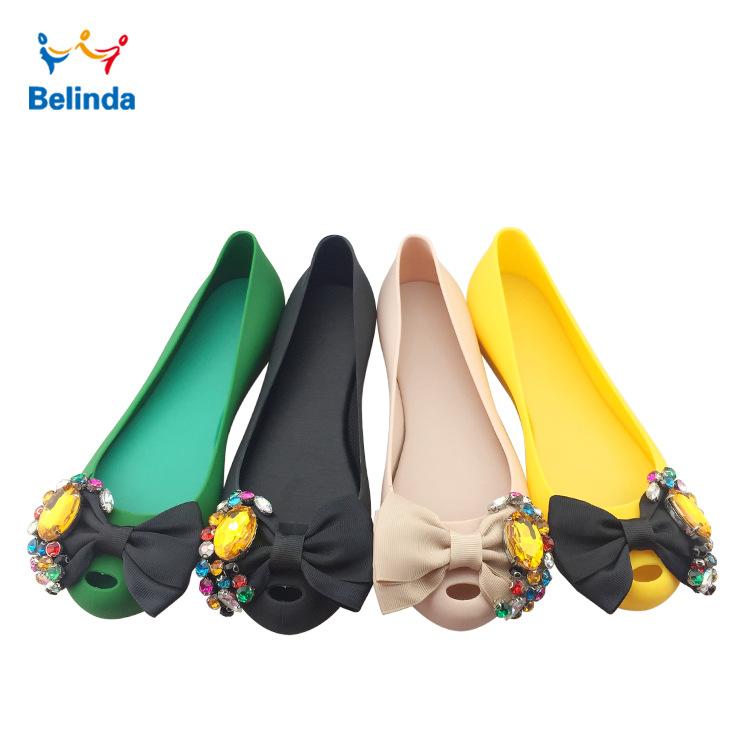 Summer Rhinestone Bow Flat Bottom Shallow Mouth Fashionable And Comfortable Casual Jelly Single Shoes Women'S Shoes