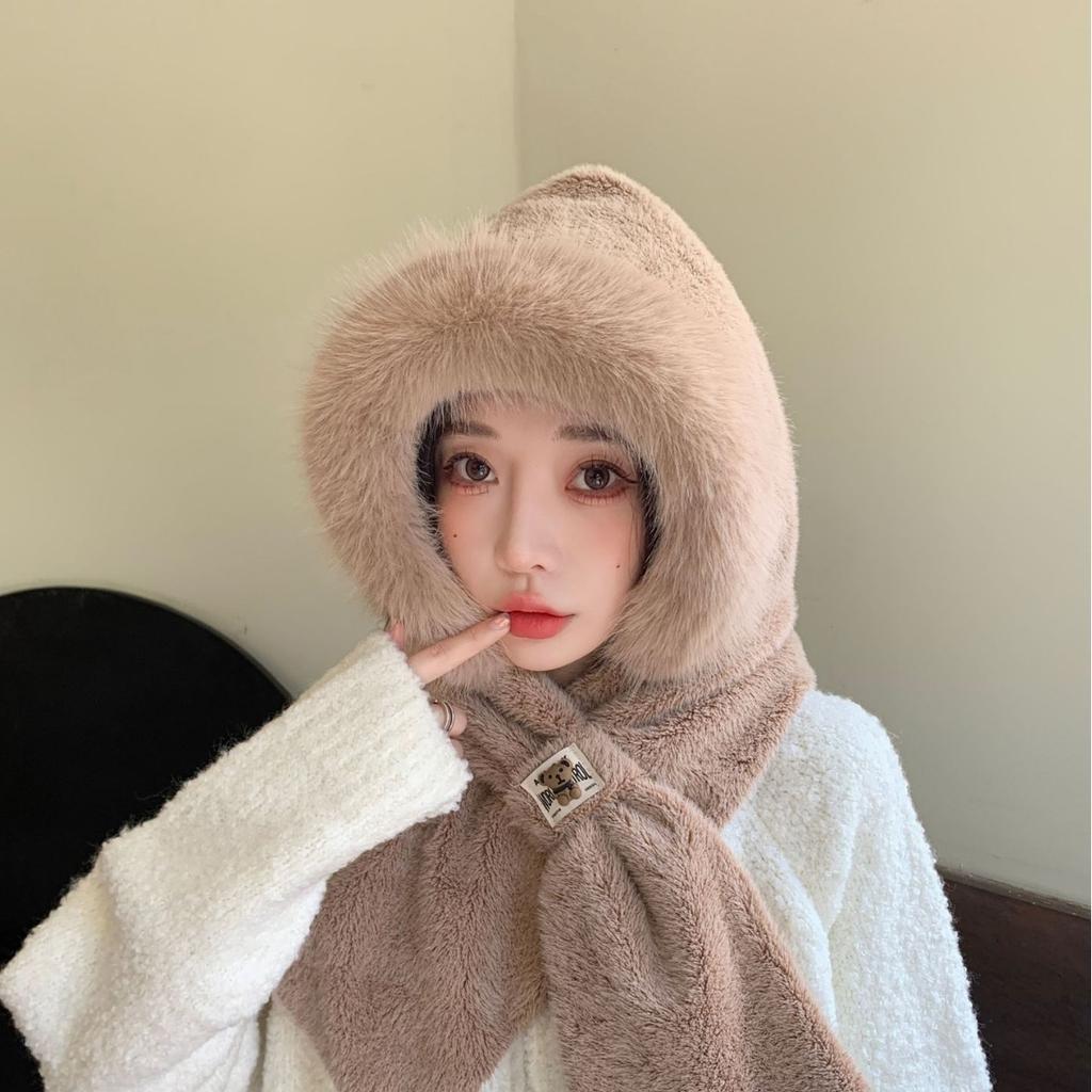 New Plush Hat and Scarf for Women Autumn and Winter New Fashion Plush Warm Ear Protection and Windproof Three Piece Korean Version