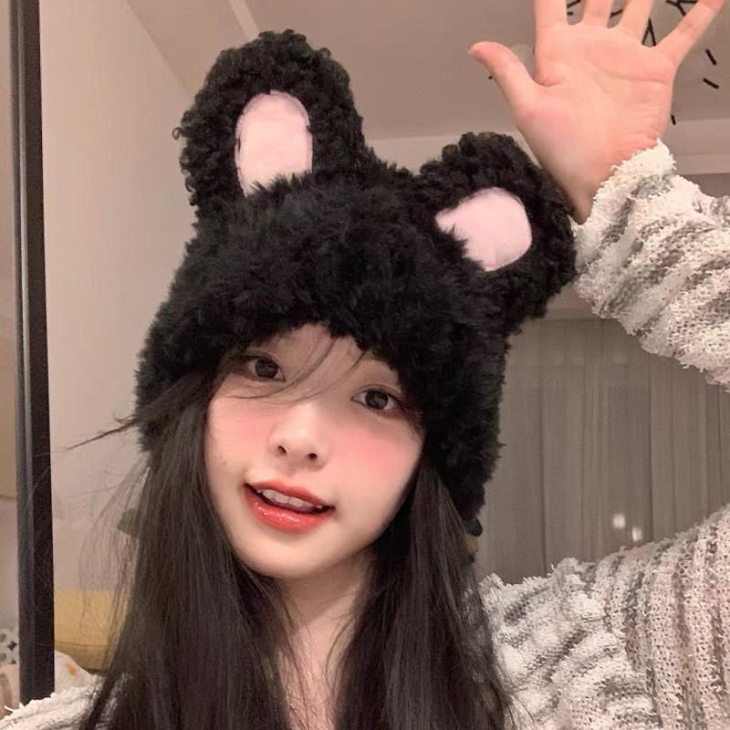 Cute rabbit ear hat white plush autumn and winter warm knitted wool hat women's plush bag head cold hat