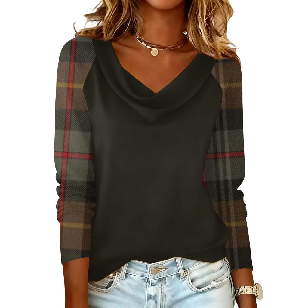 Ladies' Plaid Printed Casual and Fashionable Long Sleeved Pullover Top
