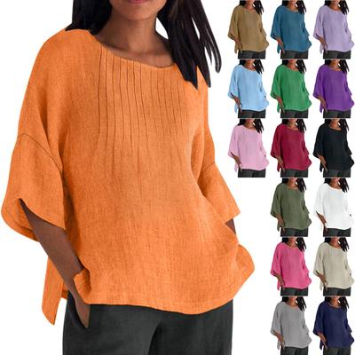 Women's Fashion Seven-Part Sleeve Pleated Round Neck Solid Colour Loose Casual Shirt Top