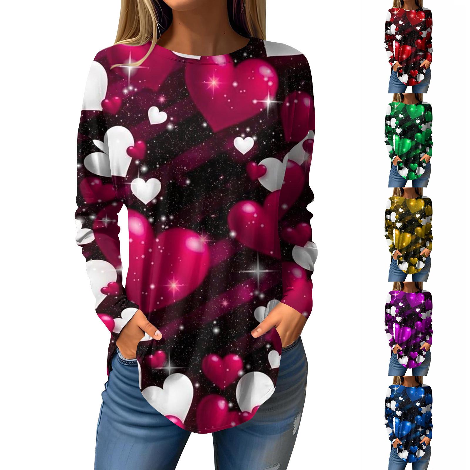 

Футболки для женщин, повседневные рубашки с длинным рукавом на осень, толстовка с принтом ко Дню святого Валентина, топ, пуловер