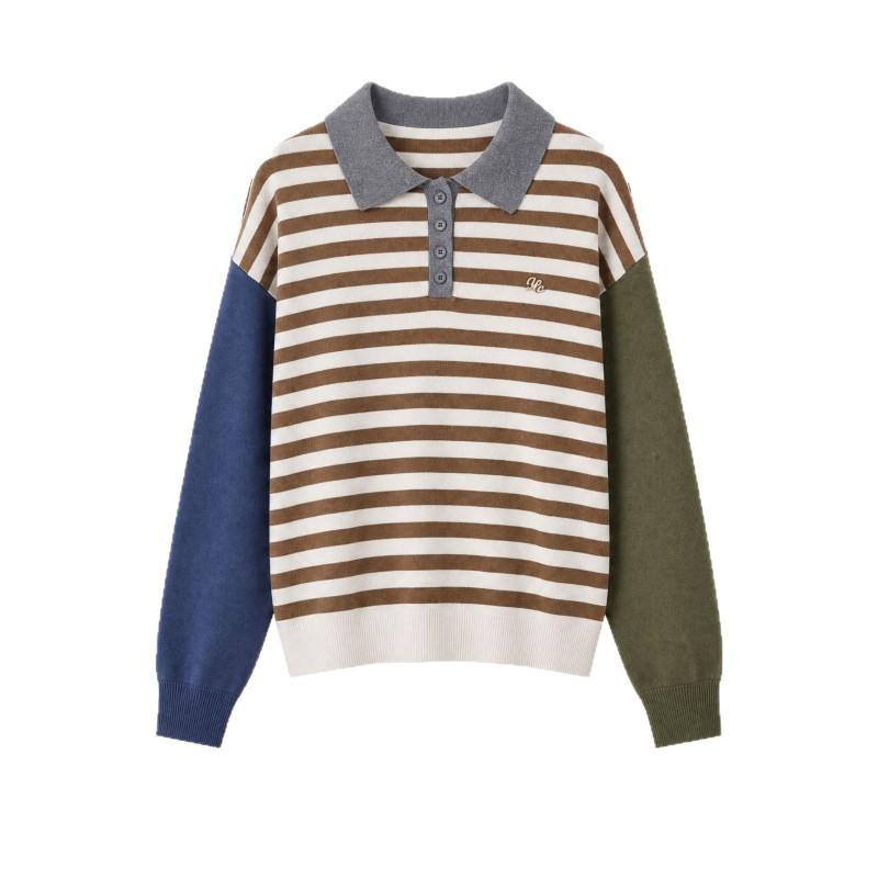 TikTok Womens Striped Color Block Polo Sweater Long Sleeve Knit Top Casual College Style